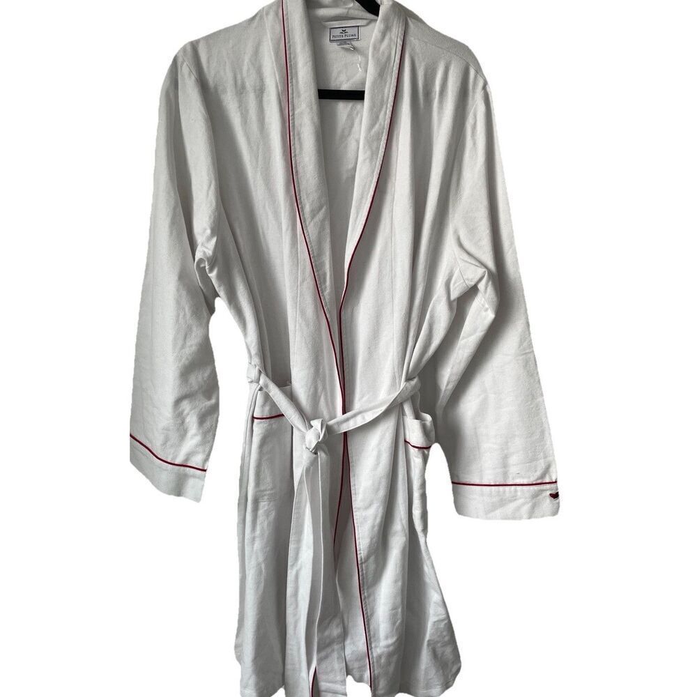NWOT  Women's Petite Plume Cotton Flannel Robe White w/Red Piping Size XL - Picture 3 of 5